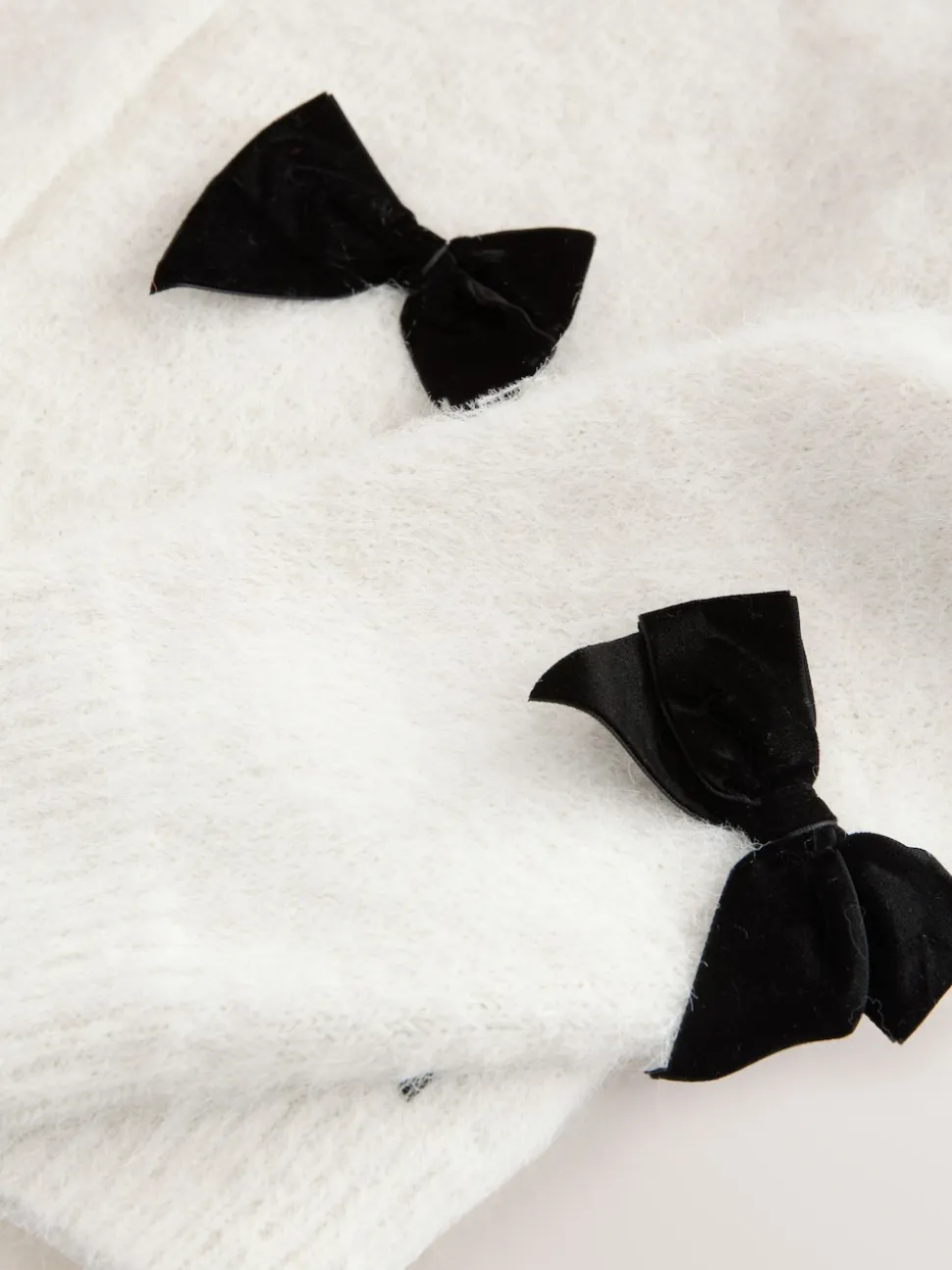 Ecru Knitted Velvet Bow Cardigan With Wool