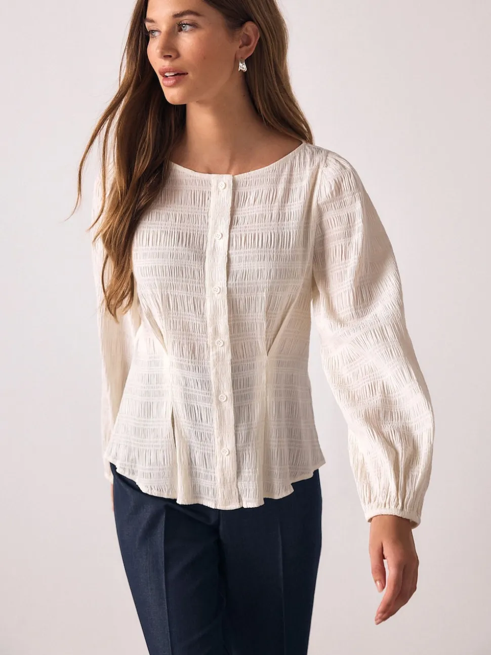 Ecru Long Sleeve Boatneck Textured Button-Front Blouse