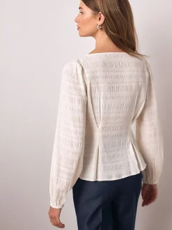 Ecru Long Sleeve Boatneck Textured Button-Front Blouse