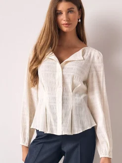 Ecru Long Sleeve Boatneck Textured Button-Front Blouse