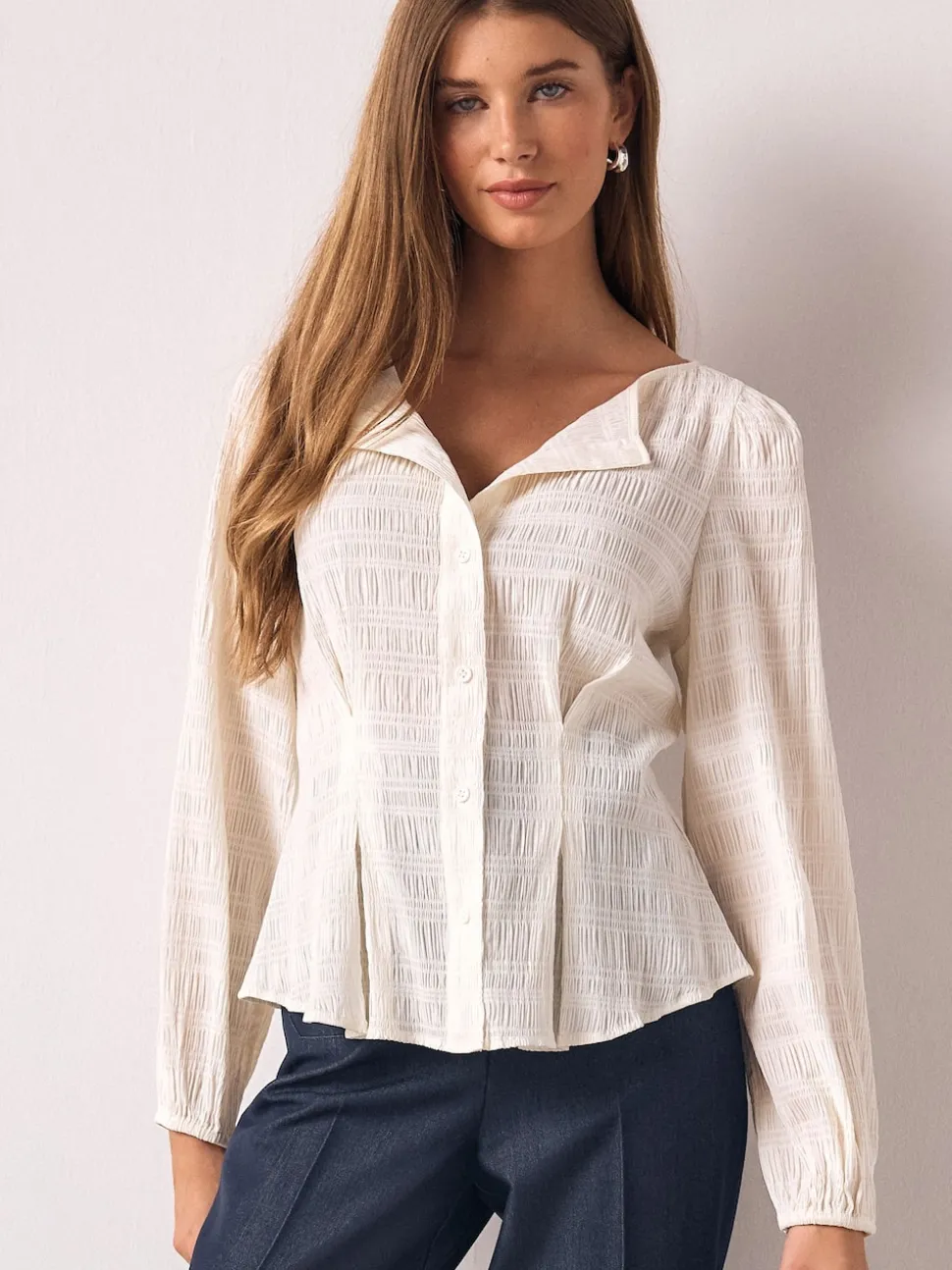Ecru Long Sleeve Boatneck Textured Button-Front Blouse