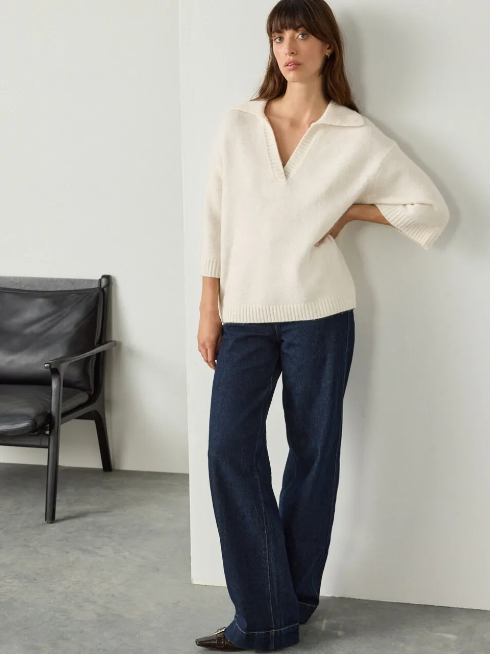 Ecru Open Collar Polo Half Sleeve Jumper With Wool