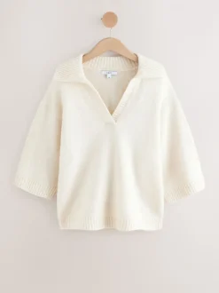 Ecru Open Collar Polo Half Sleeve Jumper With Wool