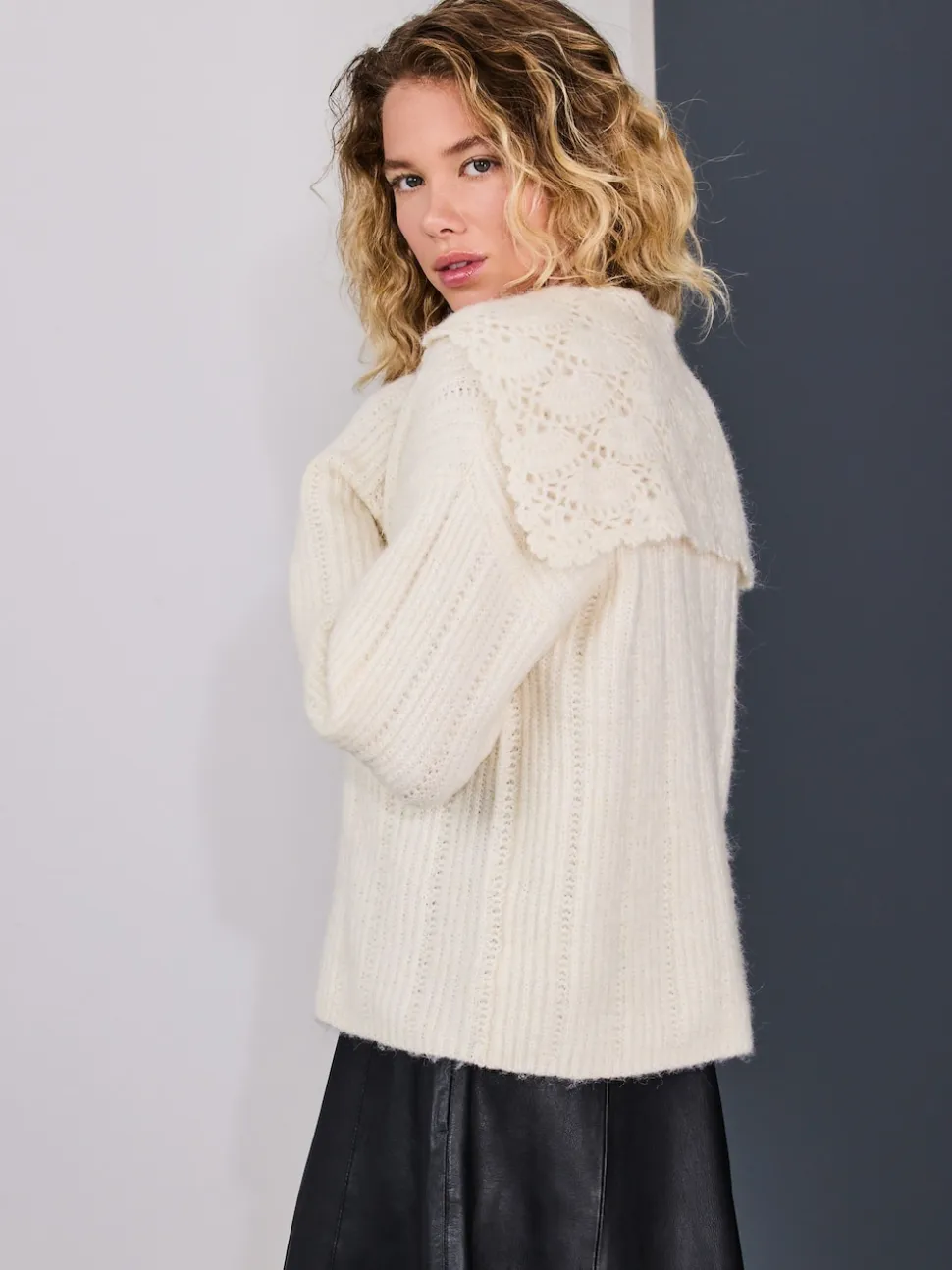 Ecru Ribbed Knit Jumper With Crochet Sailor Collar