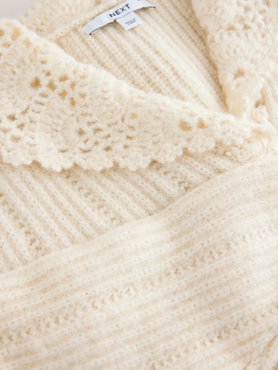 Ecru Ribbed Knit Jumper With Crochet Sailor Collar