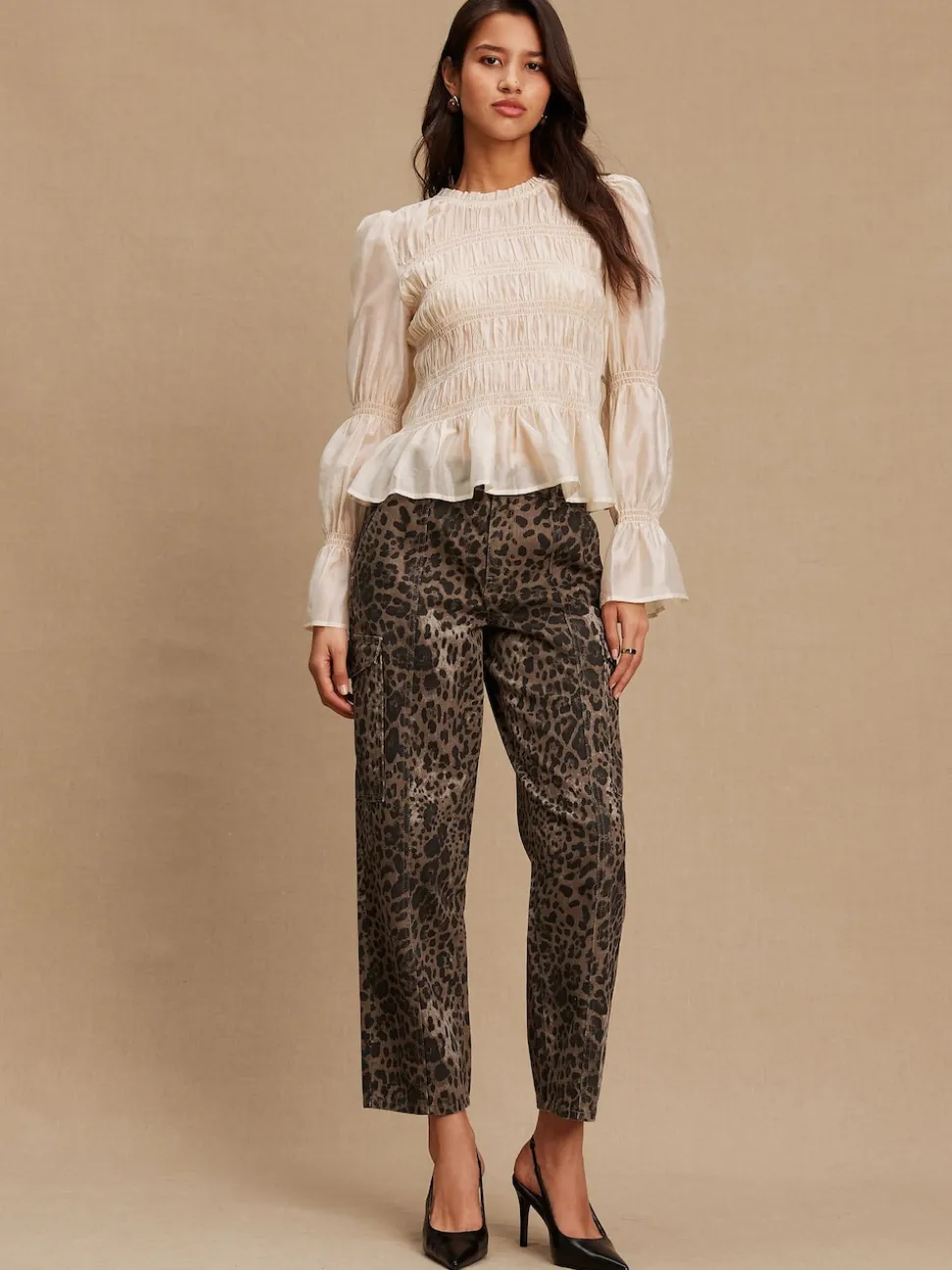 Ecru Sheer Smocked Long Sleeve Top