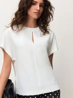 Ecru Short Sleeve Keyhole Crew Neck Top
