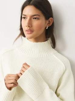 Ecru Stand Neck Chunky Knit Jumper With Wool