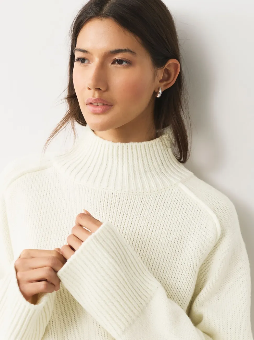 Ecru Stand Neck Chunky Knit Jumper With Wool