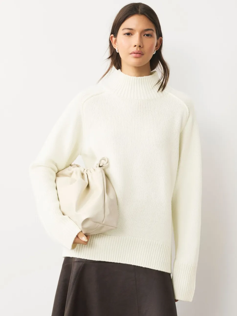 Ecru Stand Neck Chunky Knit Jumper With Wool
