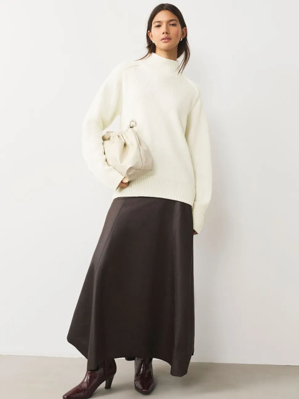 Ecru Stand Neck Chunky Knit Jumper With Wool