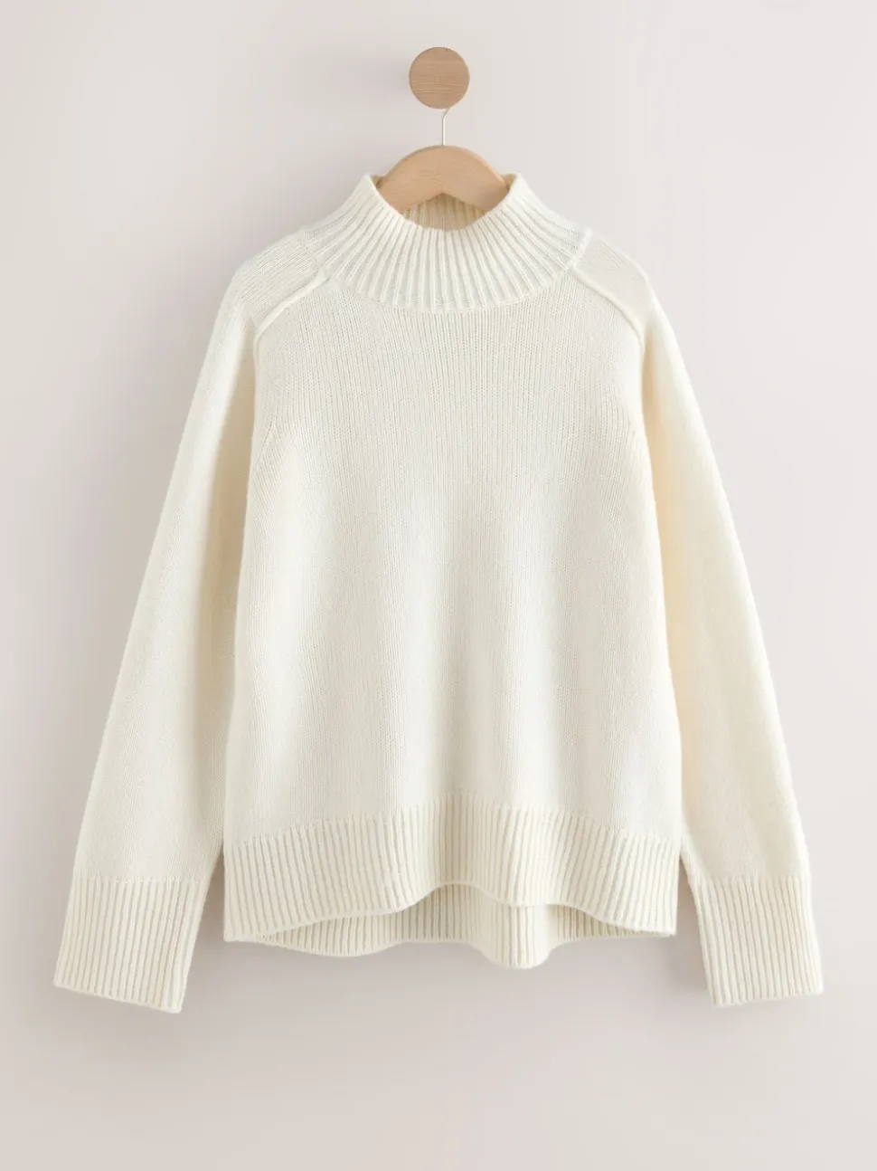 Ecru Stand Neck Chunky Knit Jumper With Wool