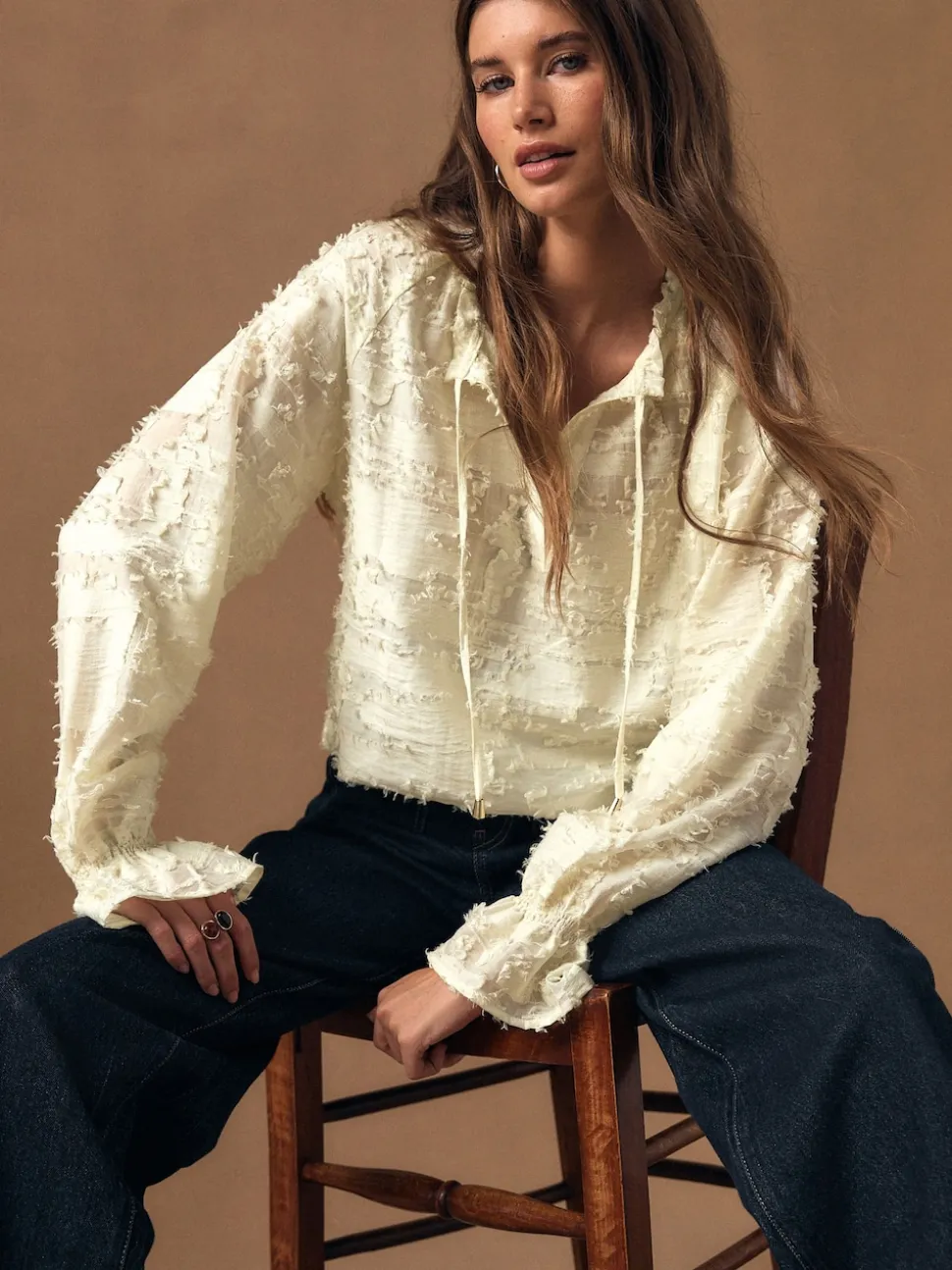 Ecru Tufty Jacquard Long Sleeve Blouse