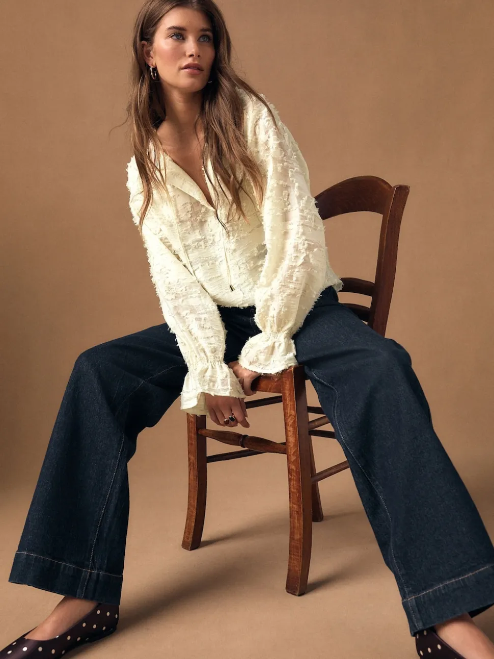 Ecru Tufty Jacquard Long Sleeve Blouse