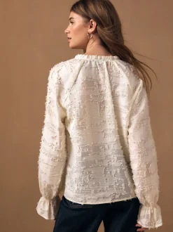 Ecru Tufty Jacquard Long Sleeve Blouse