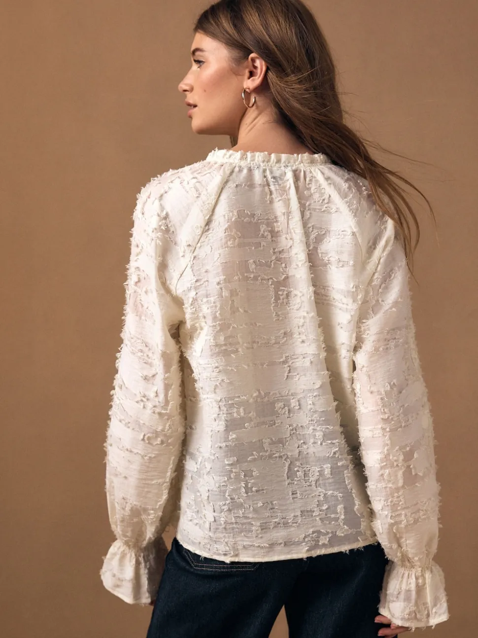 Ecru Tufty Jacquard Long Sleeve Blouse