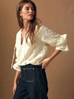 Ecru Tufty Jacquard Long Sleeve Blouse