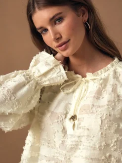 Ecru Tufty Jacquard Long Sleeve Blouse