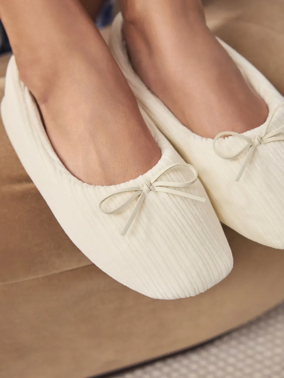 Ecru Velour Cord Ballet Slippers