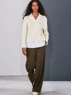 Ecru V-Neck Knitted Shirt Layer Look Jumper