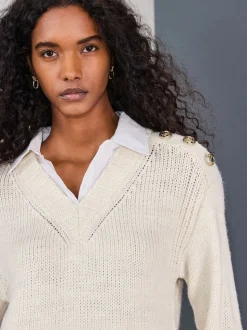 Ecru V-Neck Knitted Shirt Layer Look Jumper