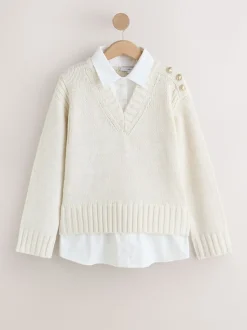 Ecru V-Neck Knitted Shirt Layer Look Jumper