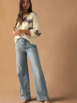 Ecru/Purple Floral Crew Neck Jumper With Wool