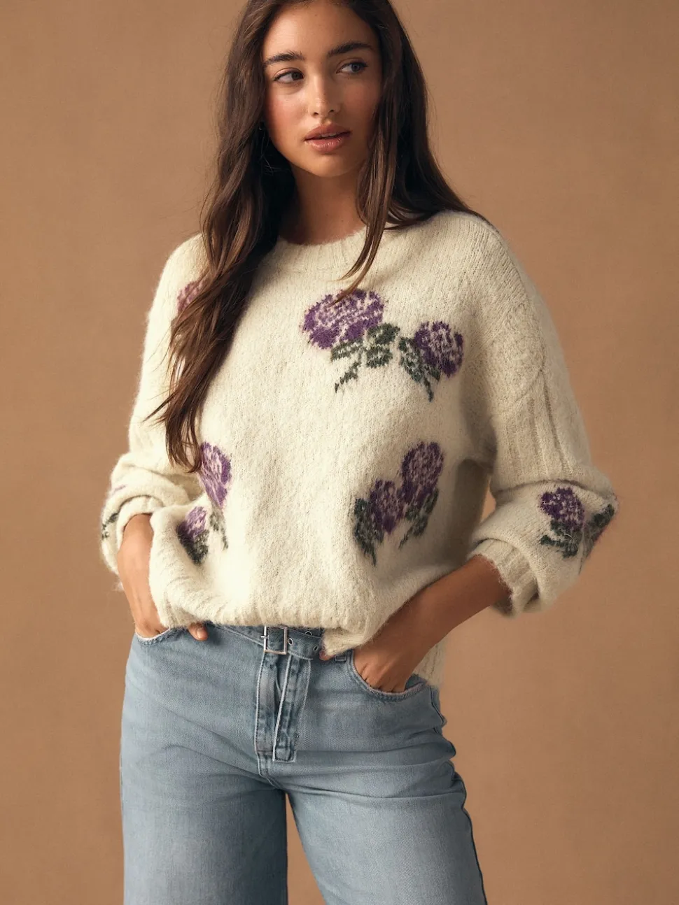 Ecru/Purple Floral Crew Neck Jumper With Wool
