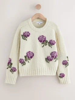 Ecru/Purple Floral Crew Neck Jumper With Wool
