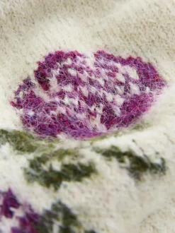 Ecru/Purple Floral Crew Neck Jumper With Wool
