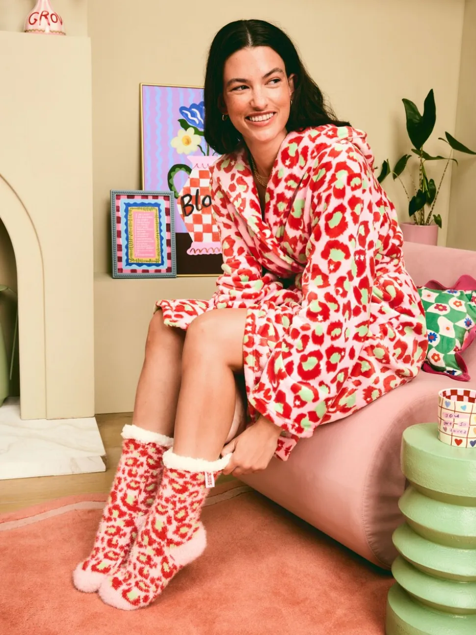 Eleanor Bowmer Pink & Green Cosy Slipper Socks