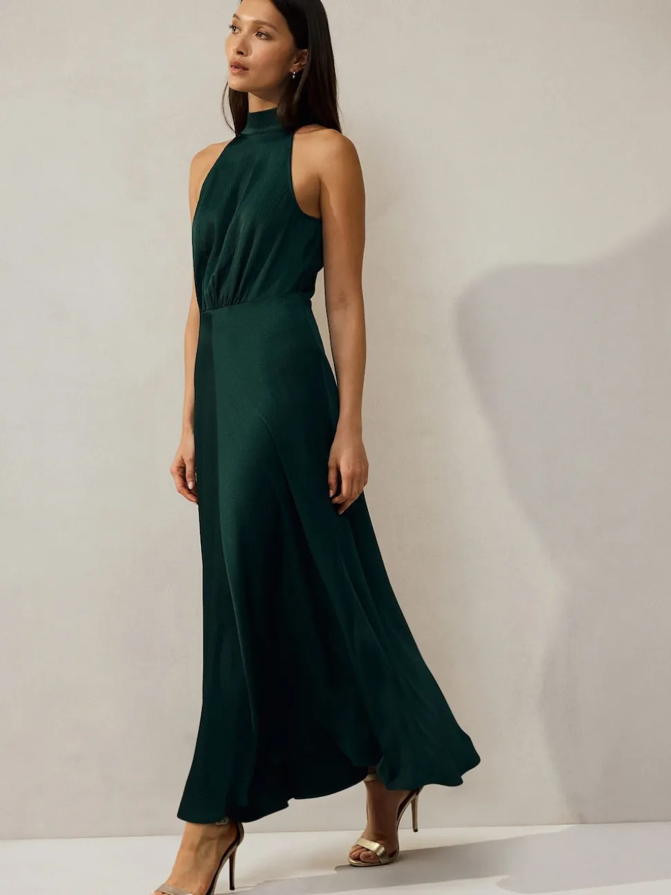 Emerald Green Textured Satin Halter Sleeveless Midi Dress