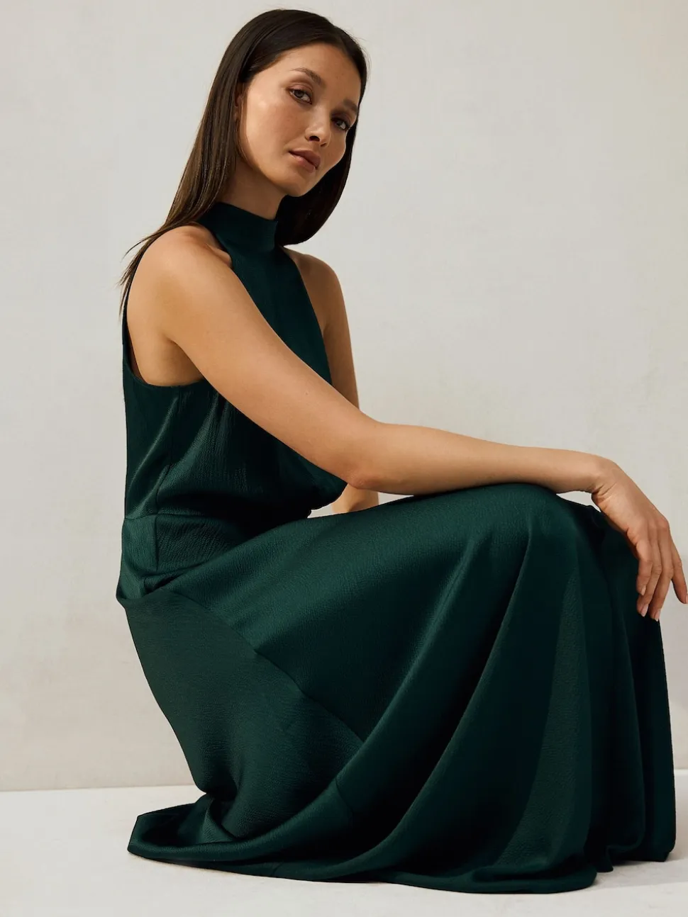 Emerald Green Textured Satin Halter Sleeveless Midi Dress