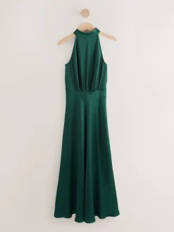 Emerald Green Textured Satin Halter Sleeveless Midi Dress