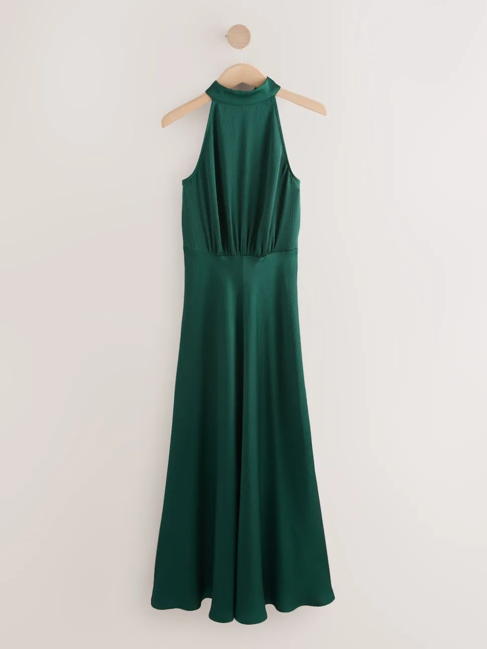 Emerald Green Textured Satin Halter Sleeveless Midi Dress