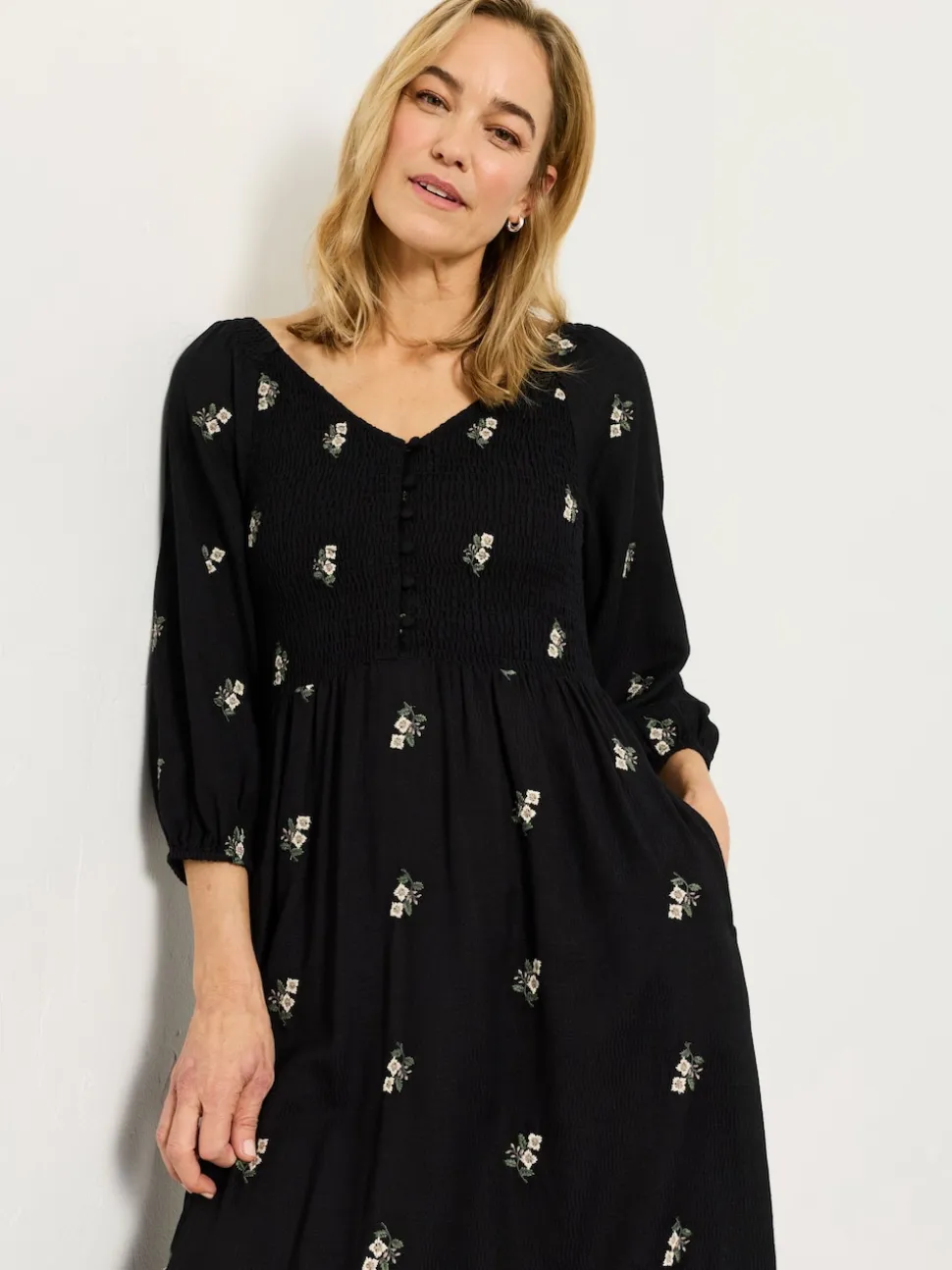 FatFace Adele Black Embroidered Midi Dress