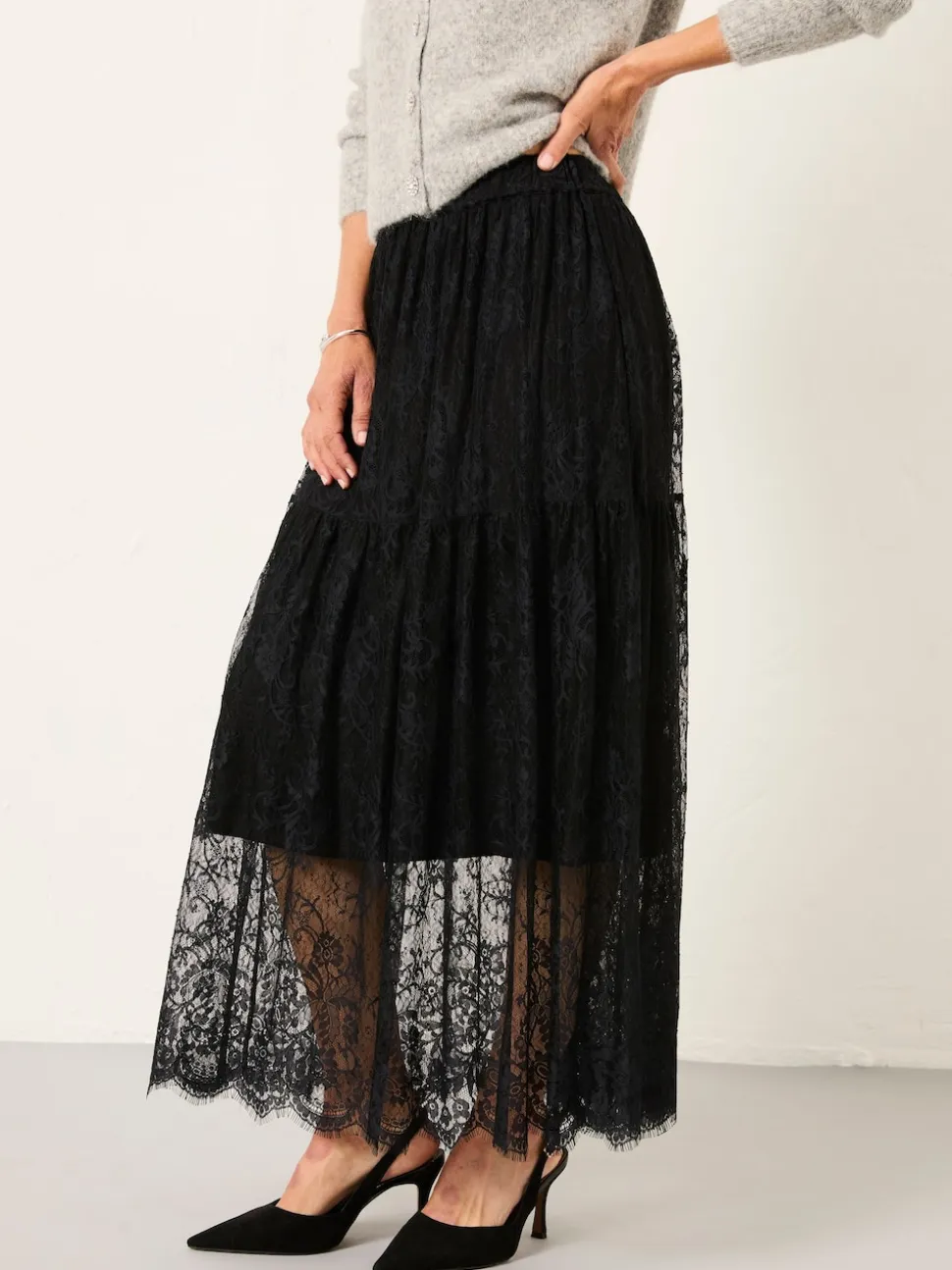FatFace Annie Black Lace Midi Skirt