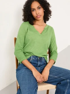 FatFace Aster Green 3/4 Sleeve V-neck T Shirt