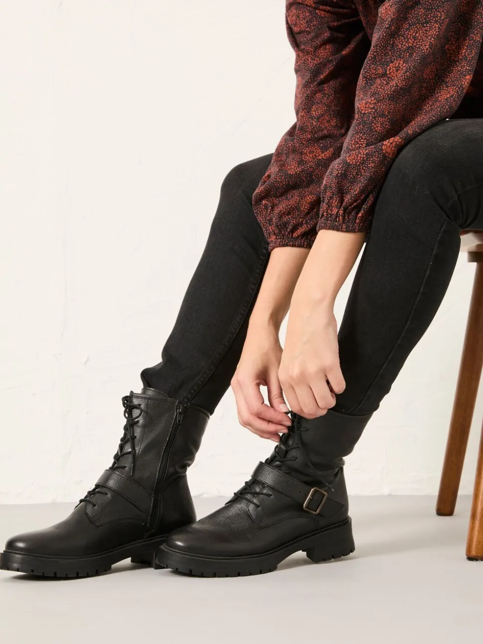 FatFace Black Lace Up Buckle Boot