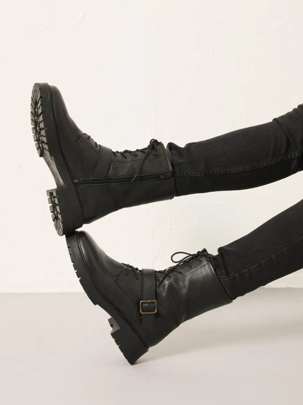 FatFace Black Lace Up Buckle Boot