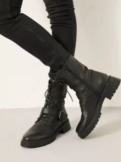 FatFace Black Lace Up Buckle Boot