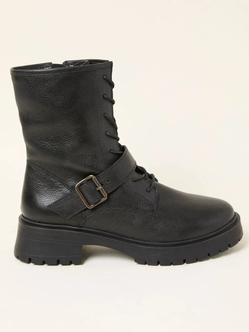 FatFace Black Lace Up Buckle Boot