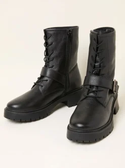 FatFace Black Lace Up Buckle Boot