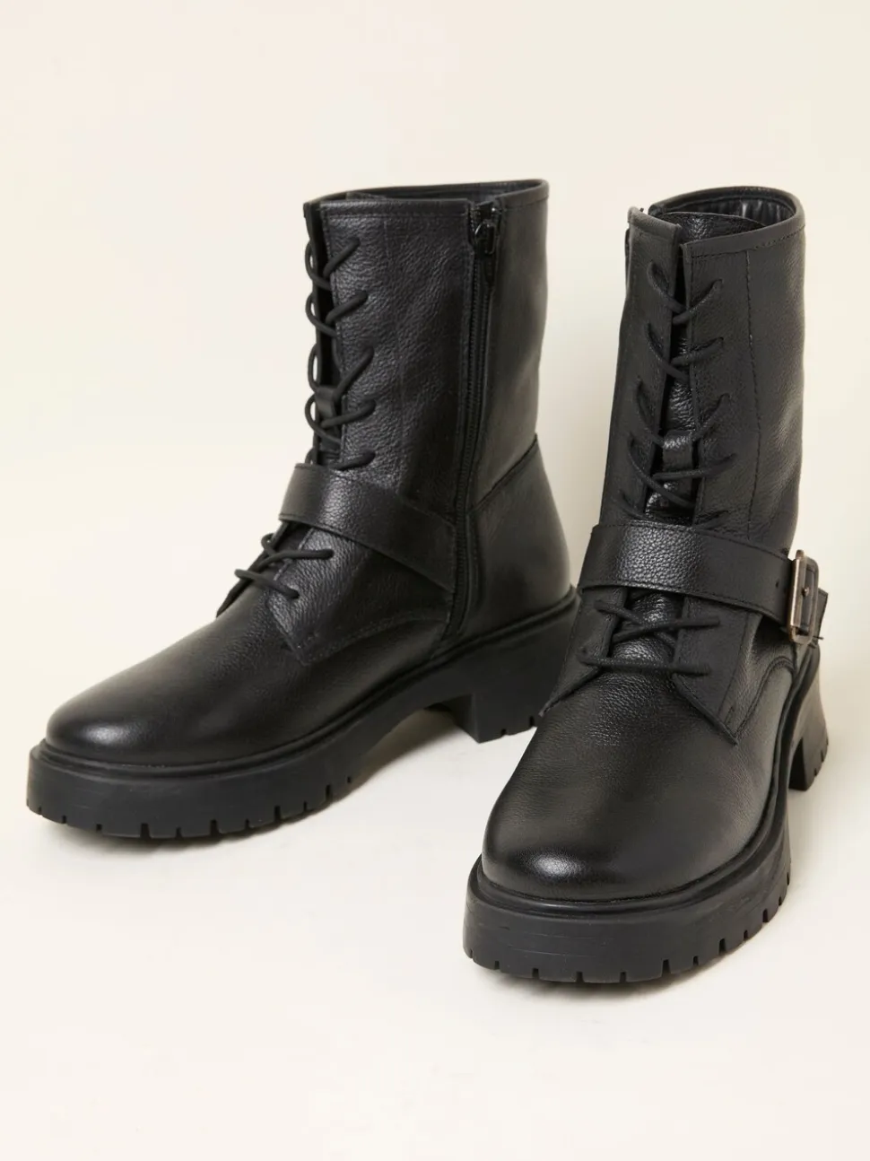 FatFace Black Lace Up Buckle Boot