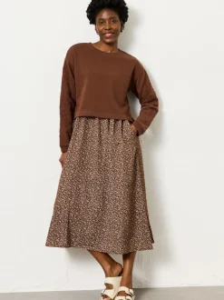 FatFace Brown Ditsy Petite Noa 2in1 Midi Dress