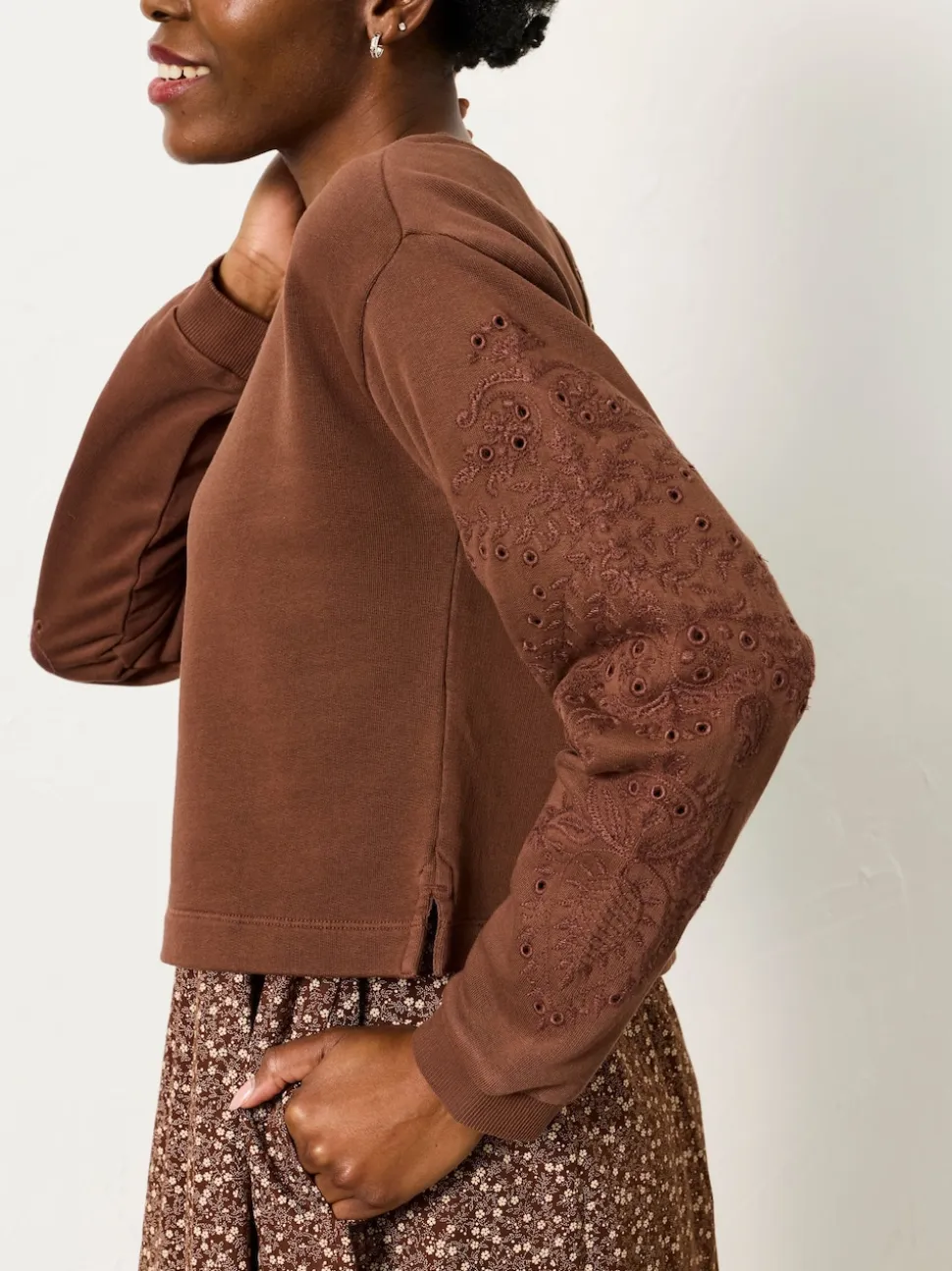 FatFace Brown Ditsy Petite Noa 2in1 Midi Dress