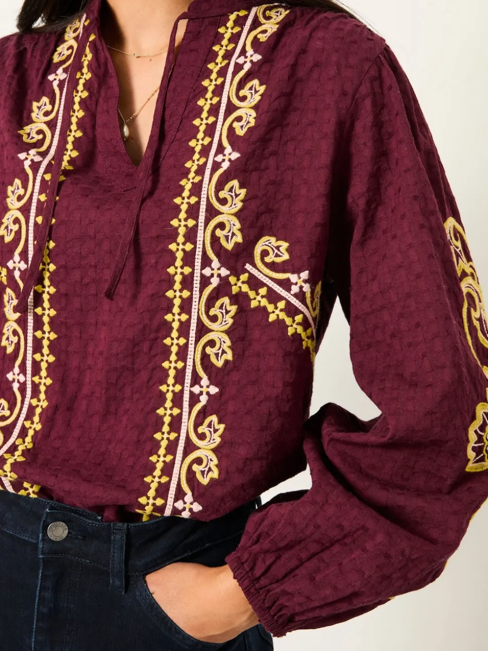 FatFace Burgundy Red Garratt Embroidered V-neck Blouse