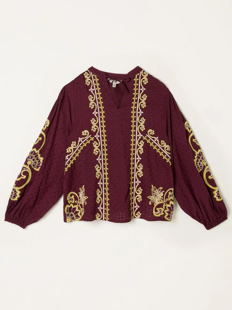 FatFace Burgundy Red Garratt Embroidered V-neck Blouse