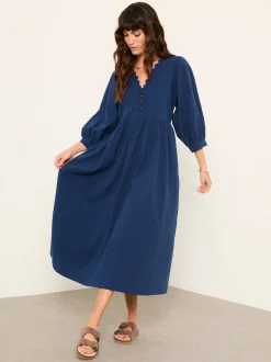 FatFace Ceil Indigo Blue Textured Midi Dress