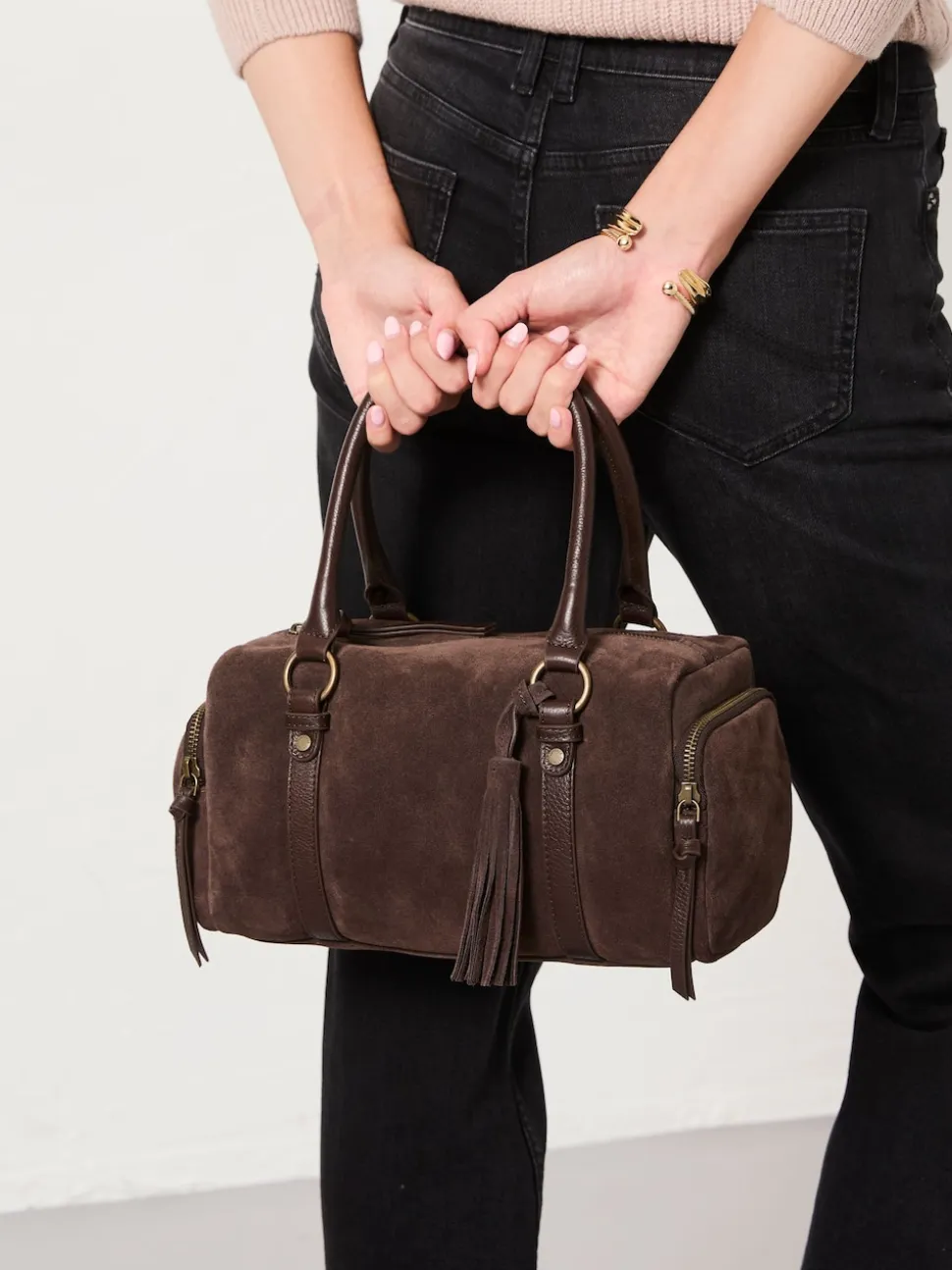 FatFace Chocolate Brown Suede Bowling Bag